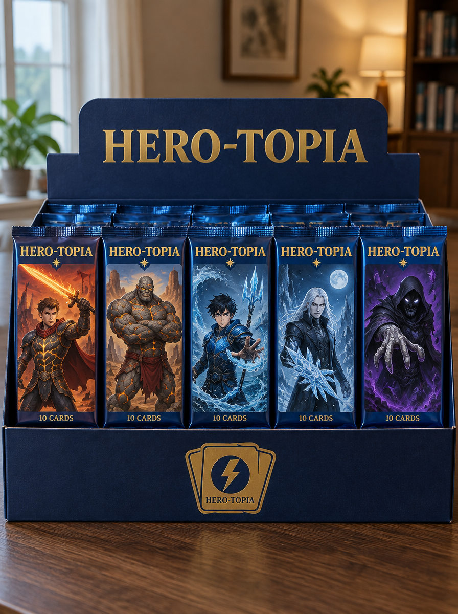 A Hero-Topia display box holding twenty-four card packs