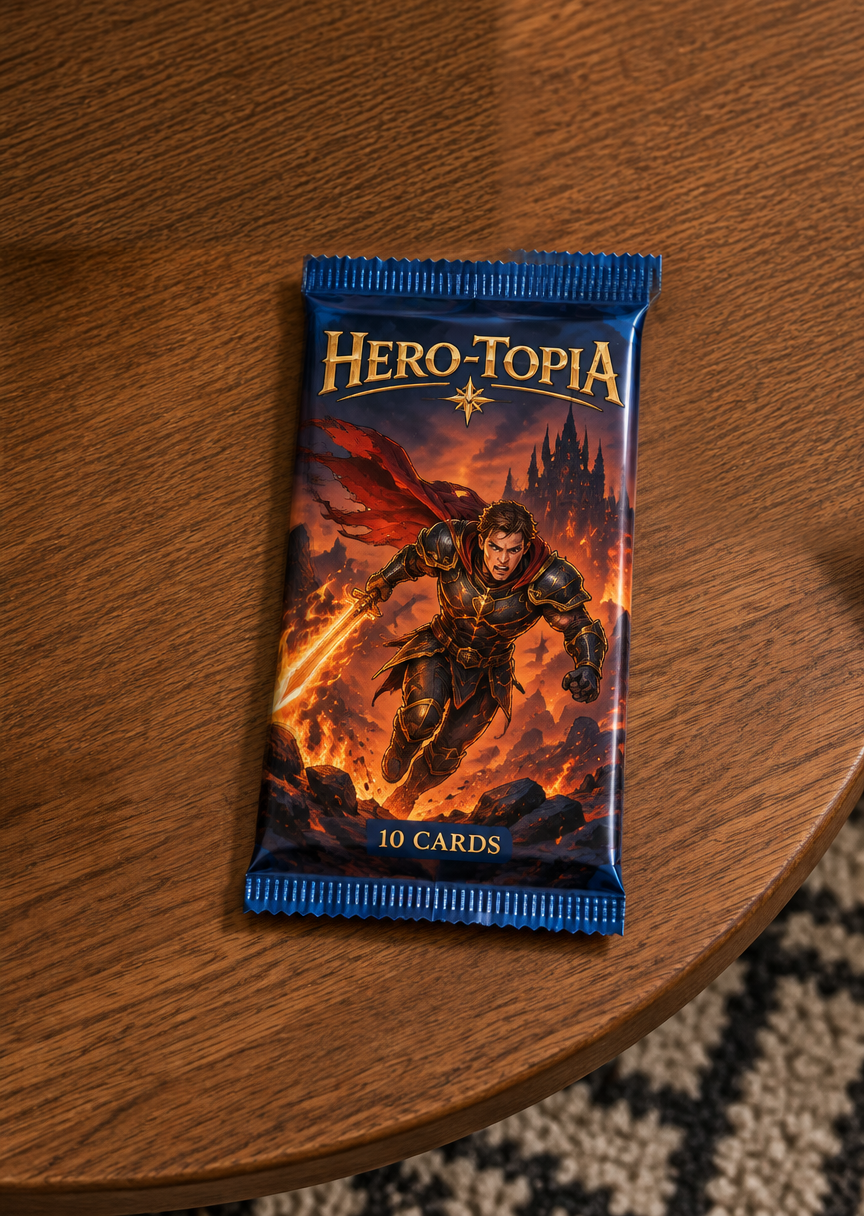 A Hero-Topia booster pack of ten hero and villain cards